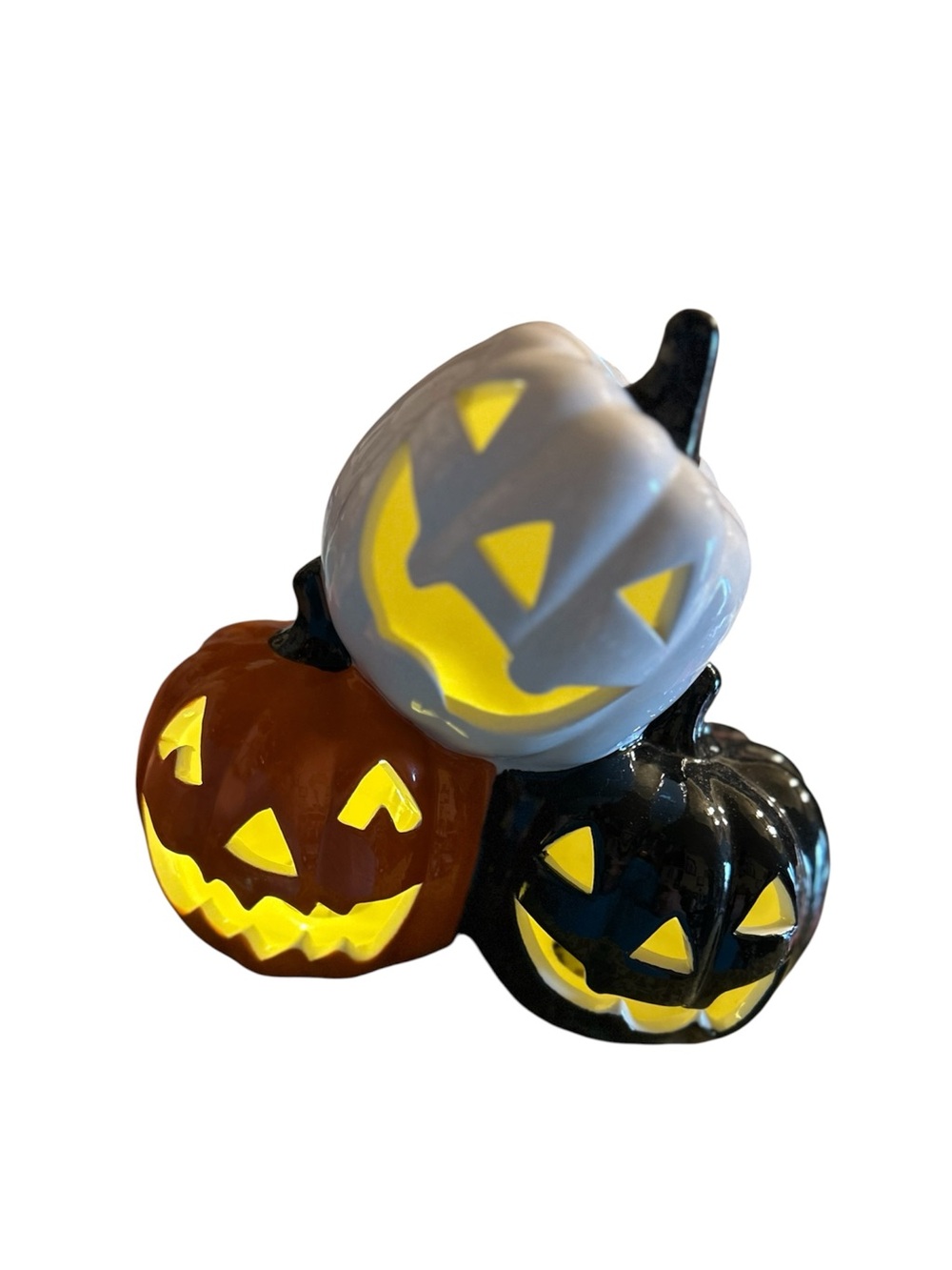 Triple Jack-O'-Lantern Ceramic Halloween Accent - Gray, Orange, Black